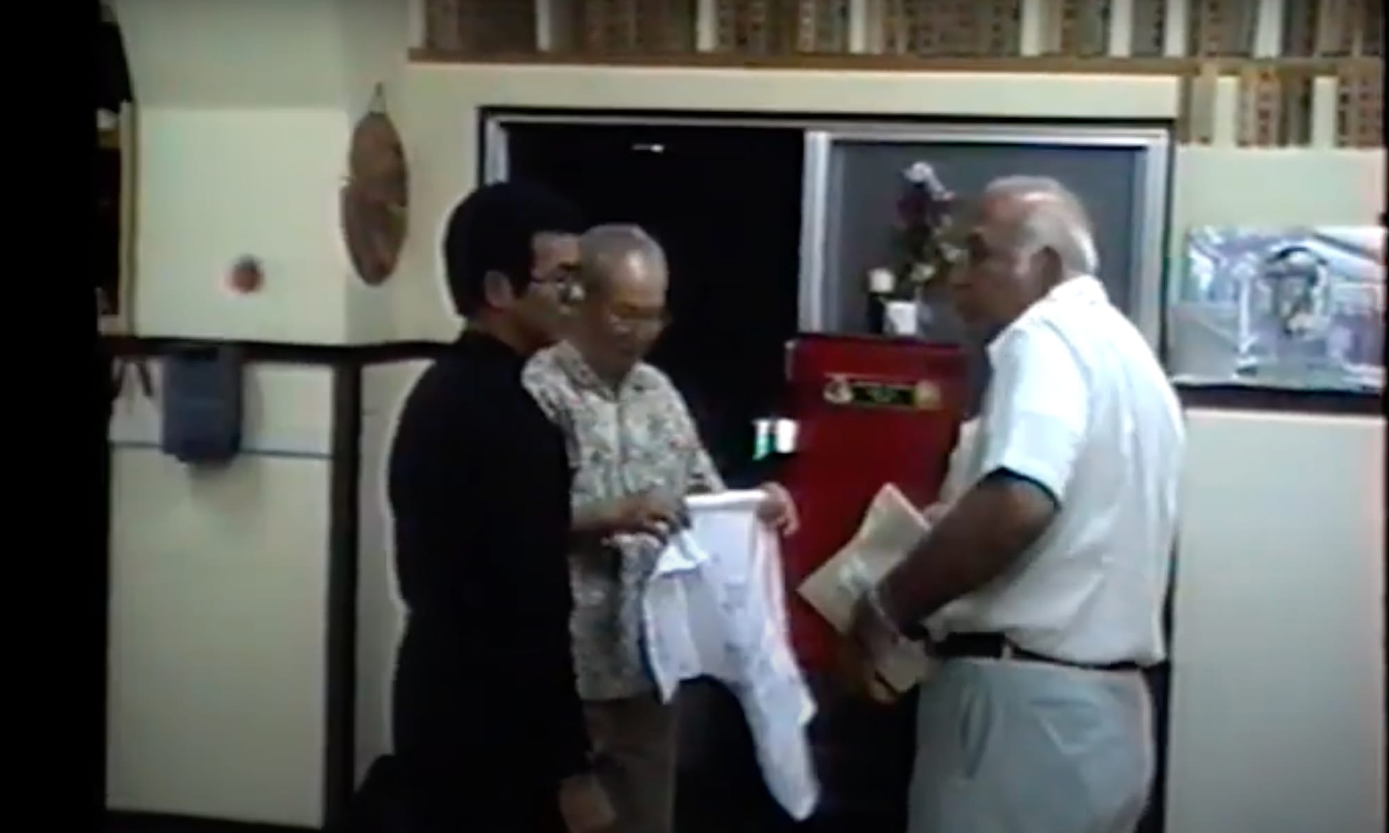 At the Meibuken dojo in Okinawa, circa 1990: Dai Sensei Meitoku Yagi (center) and Sensei Anthony Mirakian (right). 